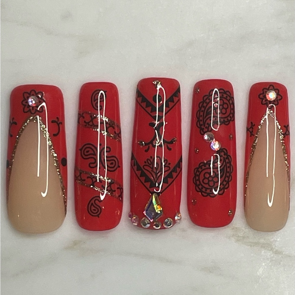 Custom Bandanna Press On Nails, Ready To Ship Size Medium